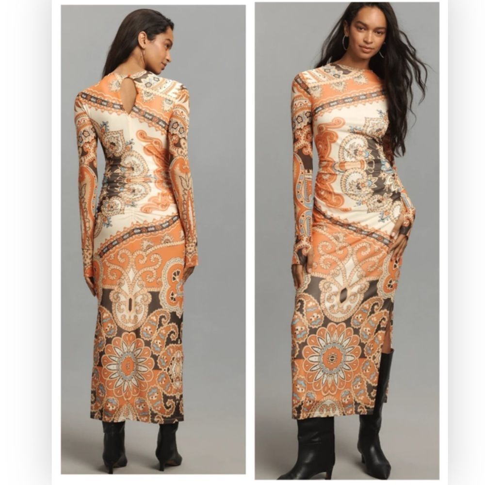Farm Rio Anthropologie Mock Neck Mesh Slim Midi Orange Bandana $188